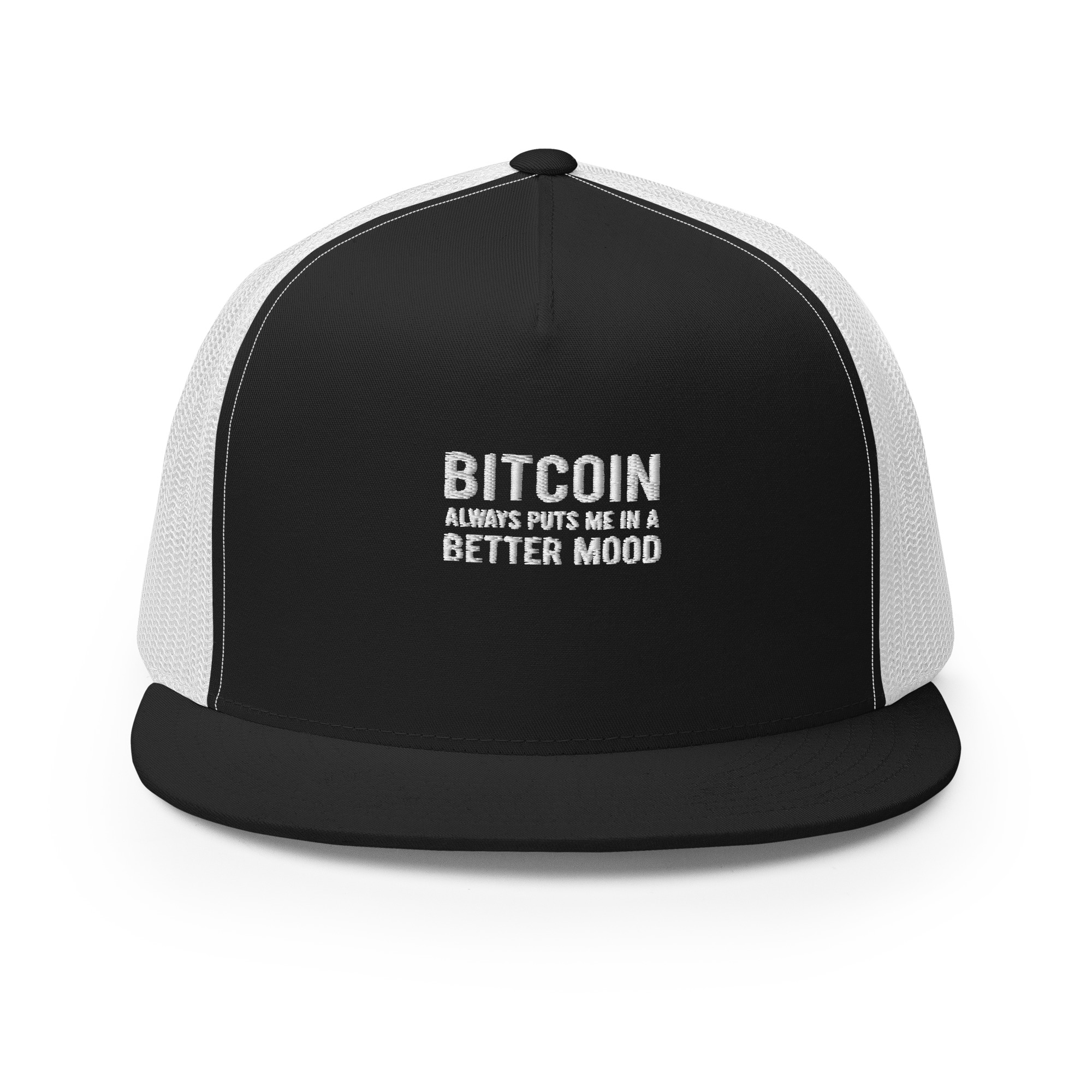 5-panel-trucker-cap-black-white-front-69380797b21d0.jpg Bitcoin Mood Trucker Cap - Image 1