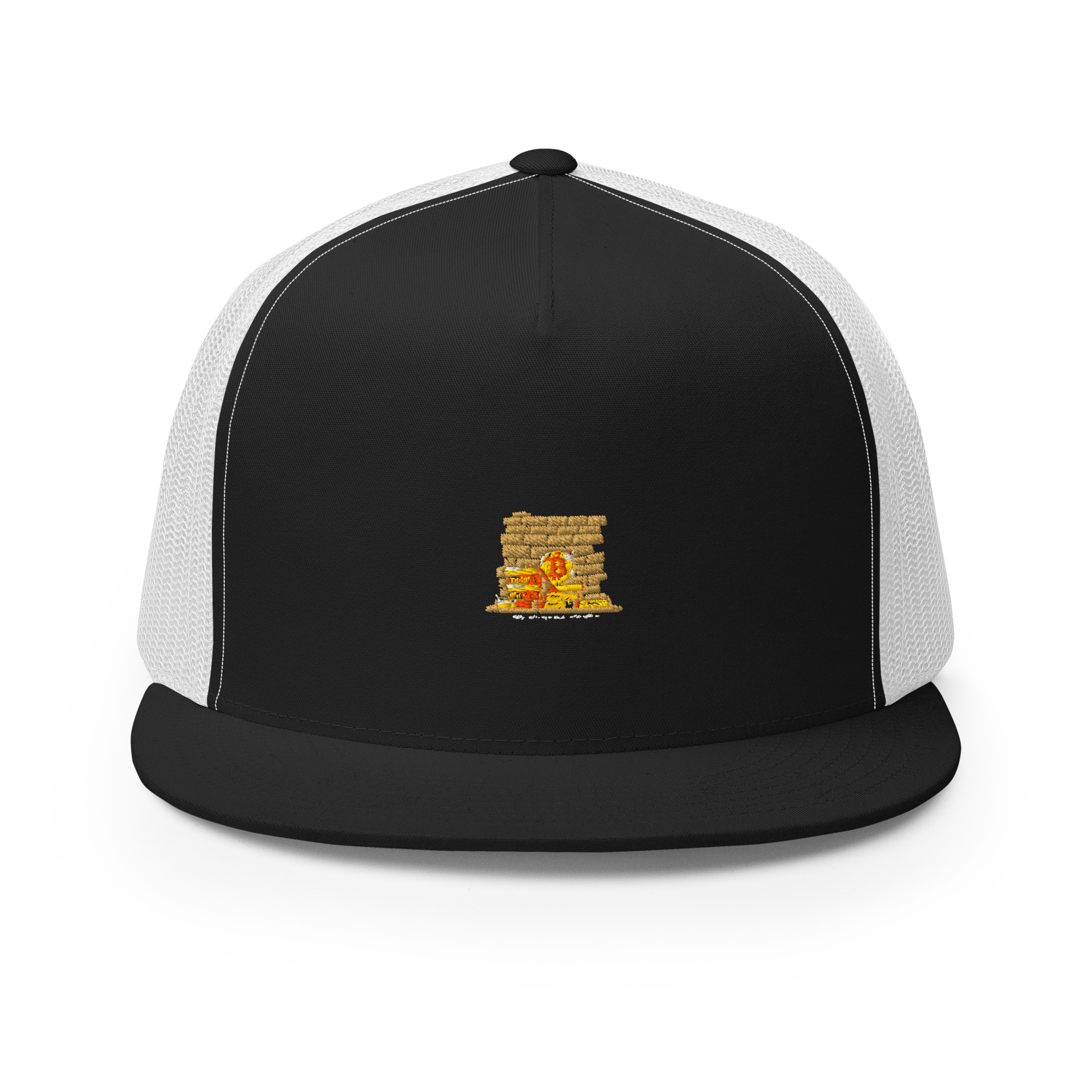 5-panel-trucker-cap-black-white-front-69380b3ca1f8e.jpg Bit By Wall Trucker Cap - Image 1