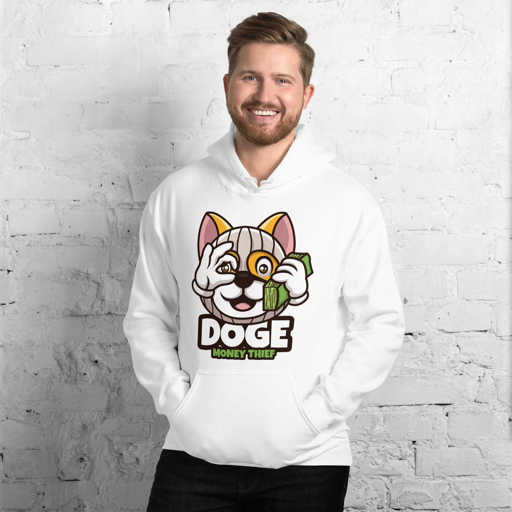 unisex-heavy-blend-hoodie-white-front-6937ef1d13b3d.jpg Doge Money Thief Unisex Hood - Image 1