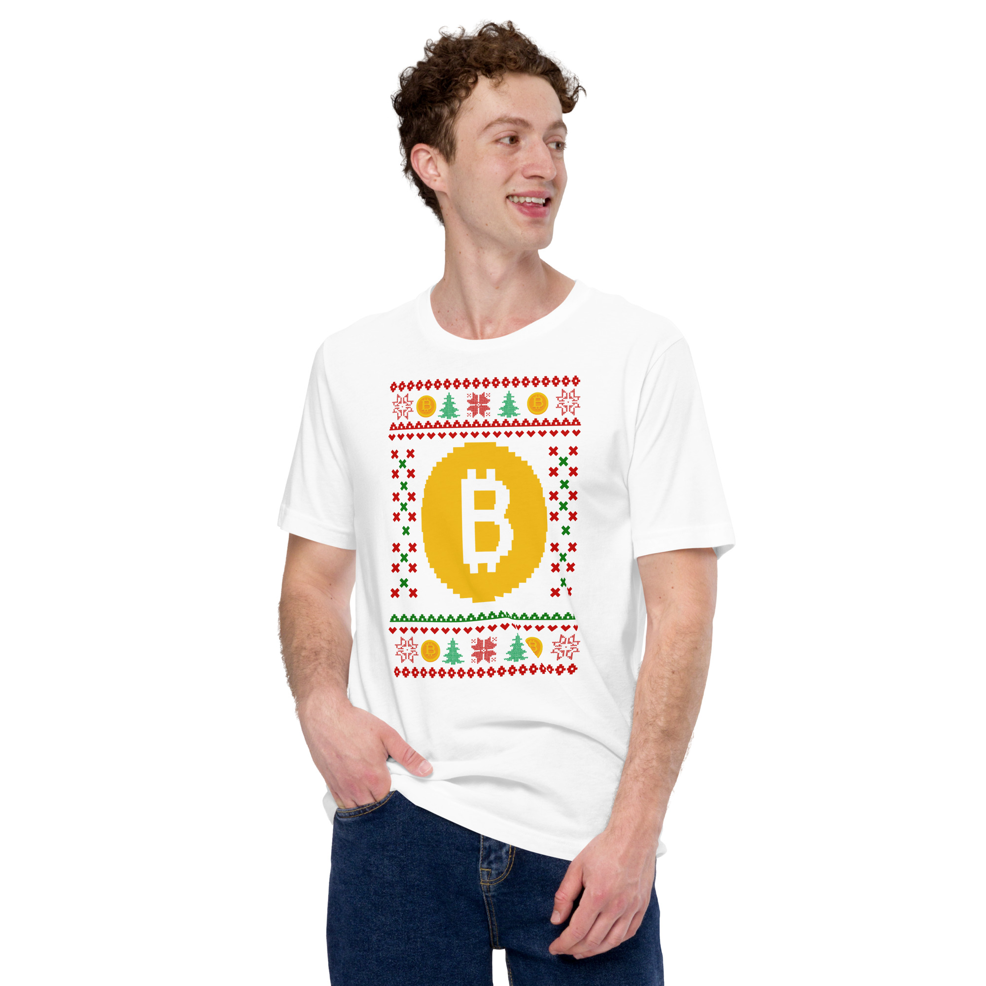unisex-staple-t-shirt-white-front-693293c8b46d3.jpg Bitcoin Ugly Jumper Design Short-Sleeve Unisex T-Shirt - Image 1